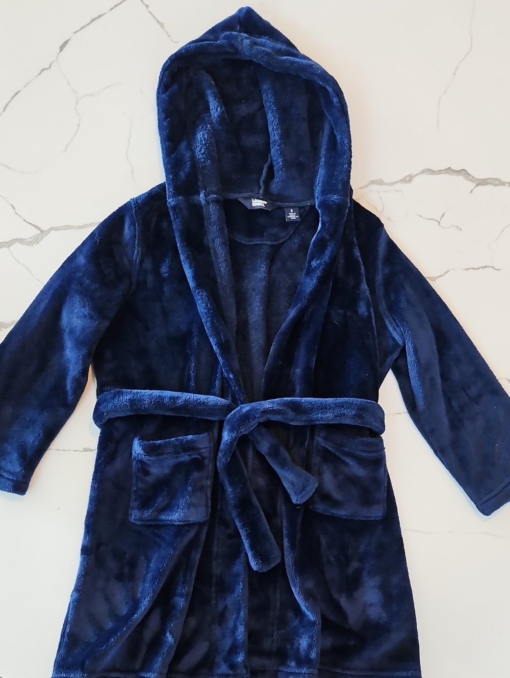 Lands' End Plush Hooded Kids Robe in Navy Blue